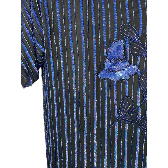 Vintage‎ Scala Sequin Beaded Blouse Blue Y2K Millennial Size Small Floral Leaf - Picture 3 of 10